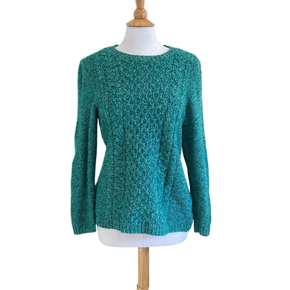Talbots Green Blue Wool Blend Chunky Knit Long Sleeve Crewneck Sweater, Size L